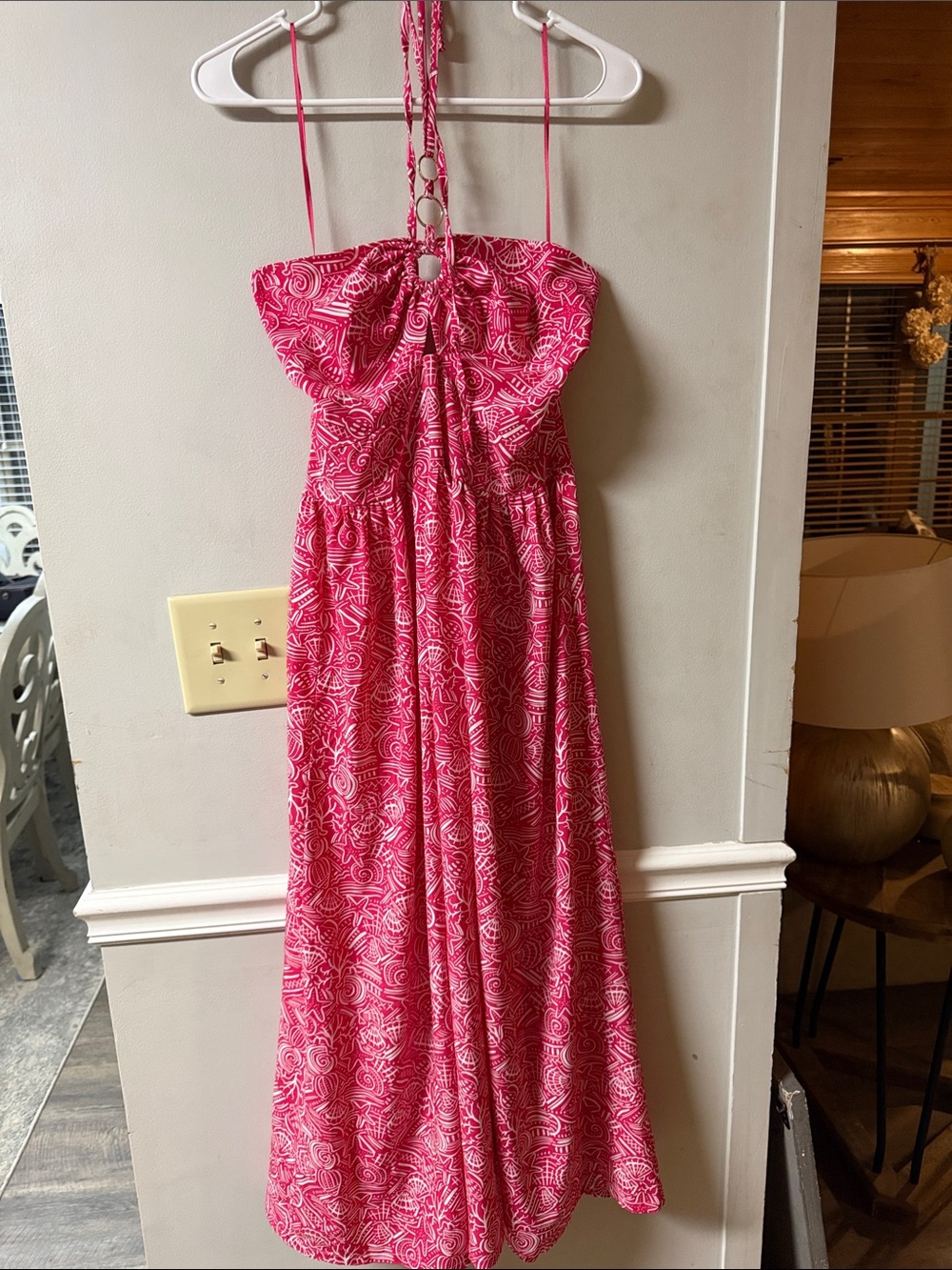 Pink Strapless Printed Maxi Dress with Halter Tie